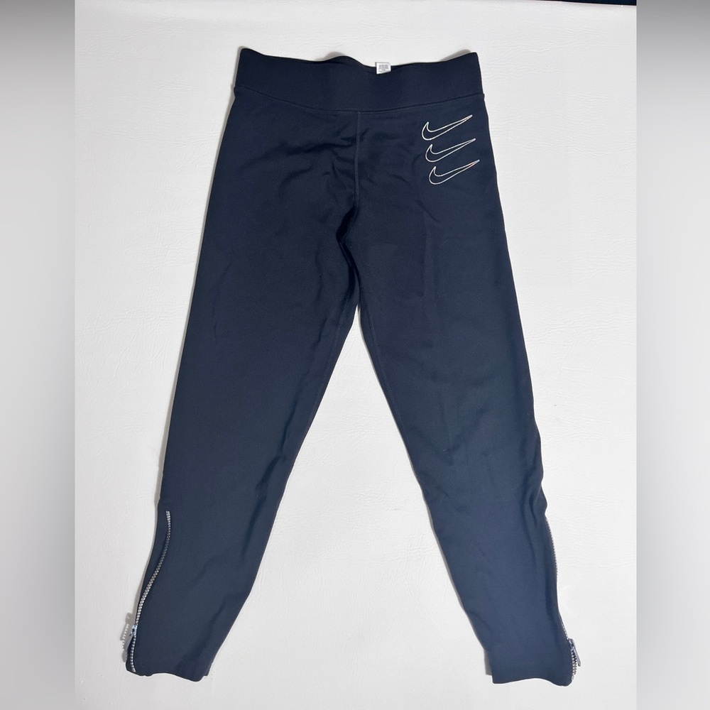 Nike Black Leggings with Swoosh Design and Metallic Zippers M